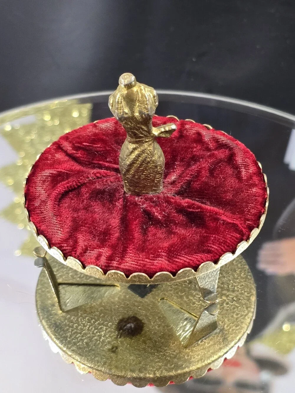Vintage Brass Dress Form Ring Holder Pin Cushion with Red Velvet Haute Couture